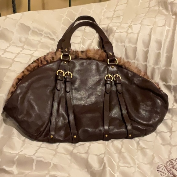 Genuine Leather & Fur Large Handbag Leopard print real fur One-of-a-Kind Satchel - Picture 3 of 16